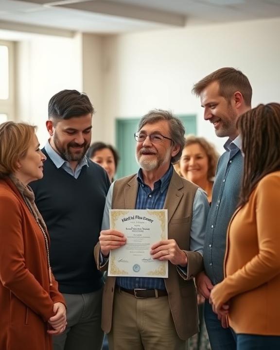 Group of people gathered around a man holding a certificate.