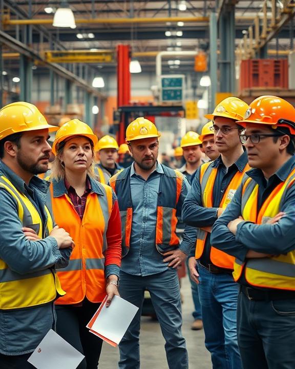 Team of workers wearing hard hats and safety vests looking attentively at something.