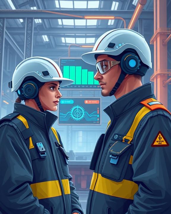 An illustration of a factory setting at sunset, with a worker operating a robotic arm and advanced machinery.