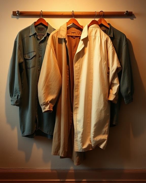 Old oversized clothes hanging as a reminder of the journey of transformation.