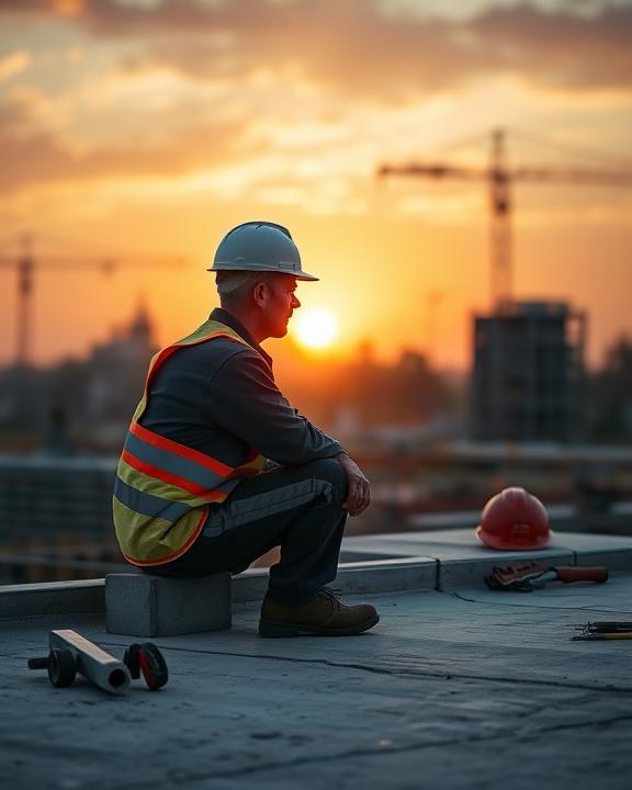 A serene depiction of a construction worker reflecting on their mental health, sitting on a construction site at sunset.