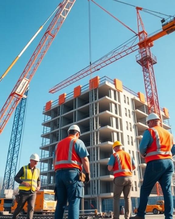 A construction worker site in action, showing various construction workers safely using large equipment like cranes and scaffolding.