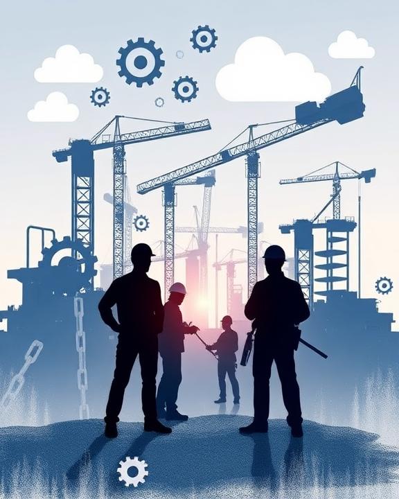 An abstract representation of mental health in the workplace, depicting a construction site with silhouettes of workers surrounded by symbols of stress and mental health.