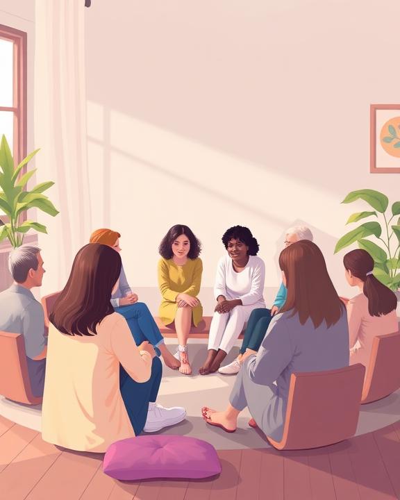 A compassionate and serene scene illustrating a support group therapy session. The setting shows a diverse group of individuals sitting in a circle, engaging in open conversation about their experiences, with soft lighting.