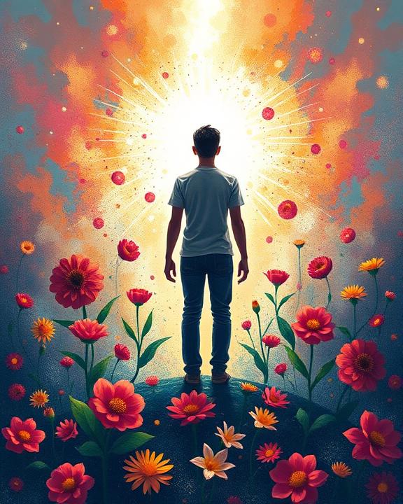 A vibrant visual representation of resilience and healing. The image shows a person standing strong amidst a chaotic background, symbolizing the journey of overcoming psychological trauma, with flowers blooming around them.