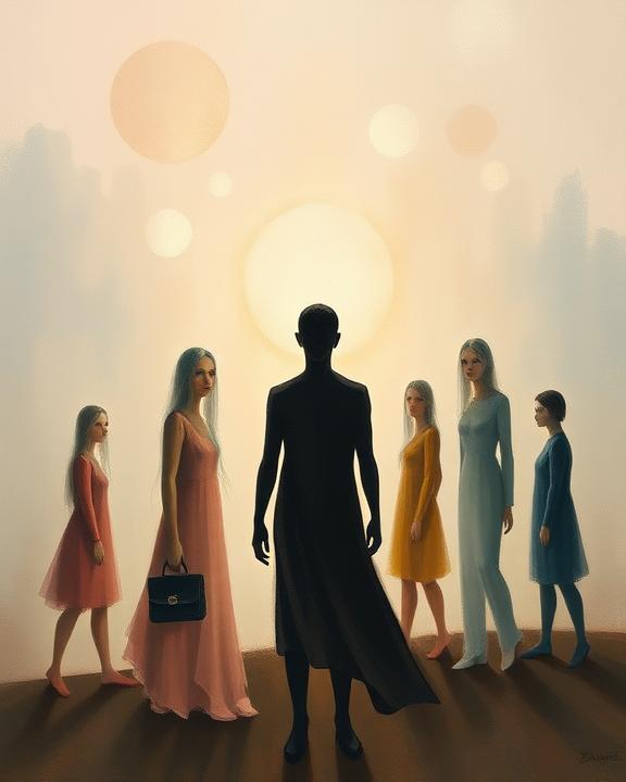 A male figure standing in the foreground, with three female figures walking behind, under a bright sun.