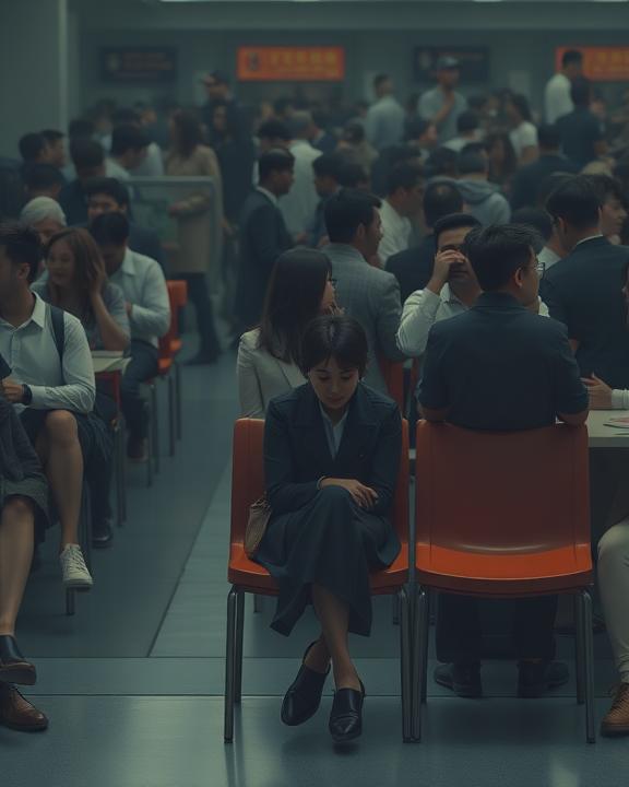 Crowded place with a person sitting alone