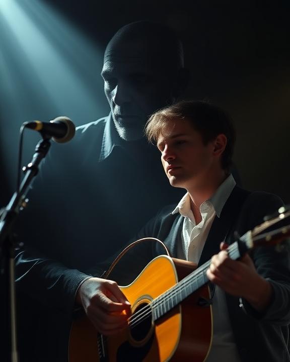 Tredici Pietro suona la chitarra sul palco, con l'ombra di un uomo più grande dietro di lui, simboleggiando la presenza ingombrante del padre.