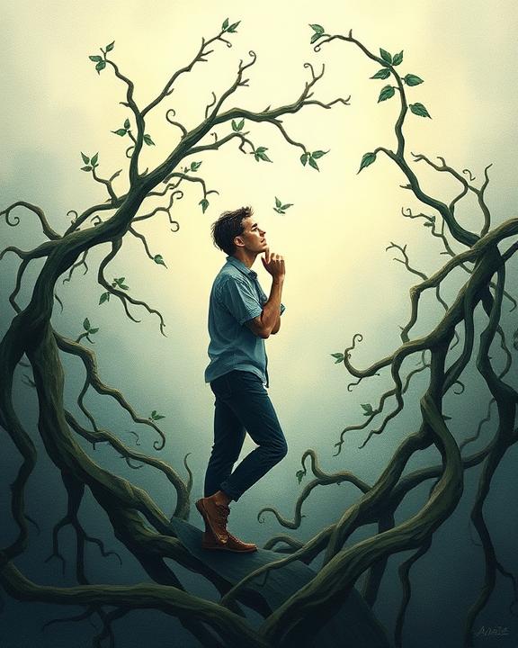 Un giovane uomo è in piedi su un ramo curvo di un albero, guardando verso l'alto in contemplazione, circondato da foglie verdi che simboleggiano la crescita e la resilienza.
