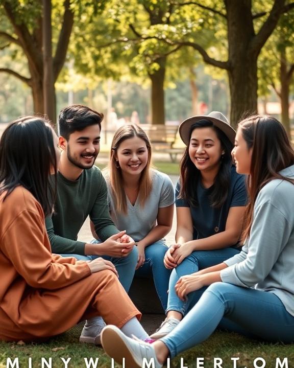 A group of diverse young people sitting in a park, engaging in conversation while showing expressions of empathy and support, creating a sense of community and well-being.