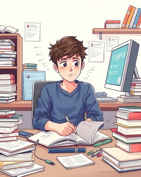 A young person sitting at a cluttered desk at home, overwhelmed by schoolwork and notifications on a computer, reflecting the pressures of academic and social life.