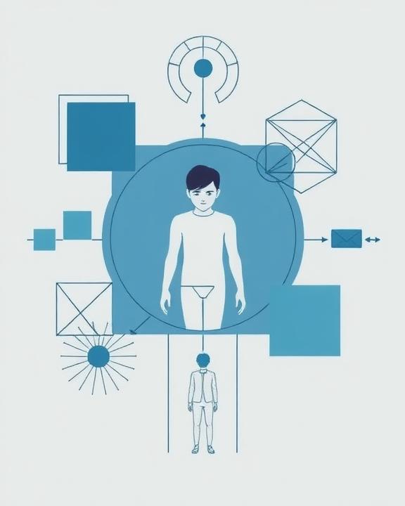 A conceptual and artistic representation of a young person in distress surrounded by geometric shapes representing mental health challenges and the pandemic. Clean, geometric lines emphasize vulnerability.