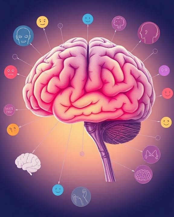 Illustrazione di un cervello umano con collegamenti a diverse emozioni e concetti