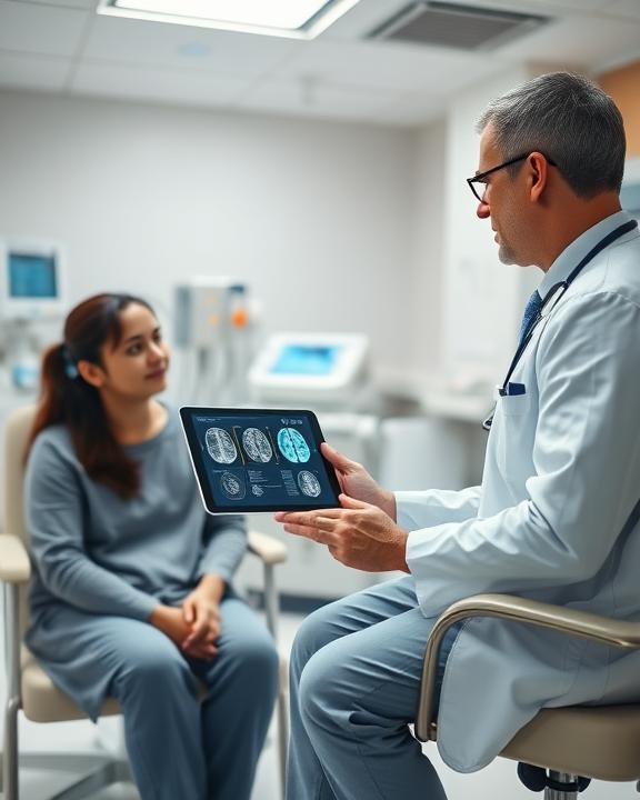 Medico che illustra immagini di scansioni cerebrali a una paziente su un tablet