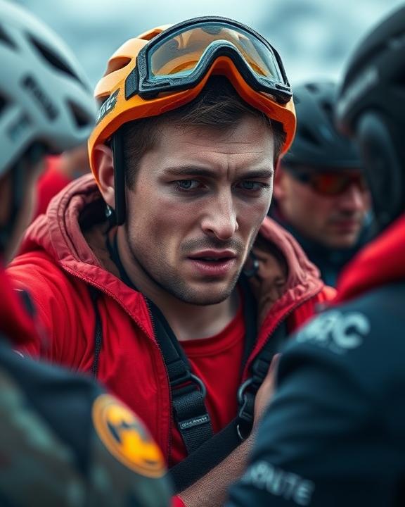 [IMMAGINE: Un momento intenso che cattura le emozioni di un atleta che si riprende da un incidente traumatico negli sport estremi, mostrando determinazione e resilienza mentale in un ambiente di allenamento, circondato da coetanei solidali.]