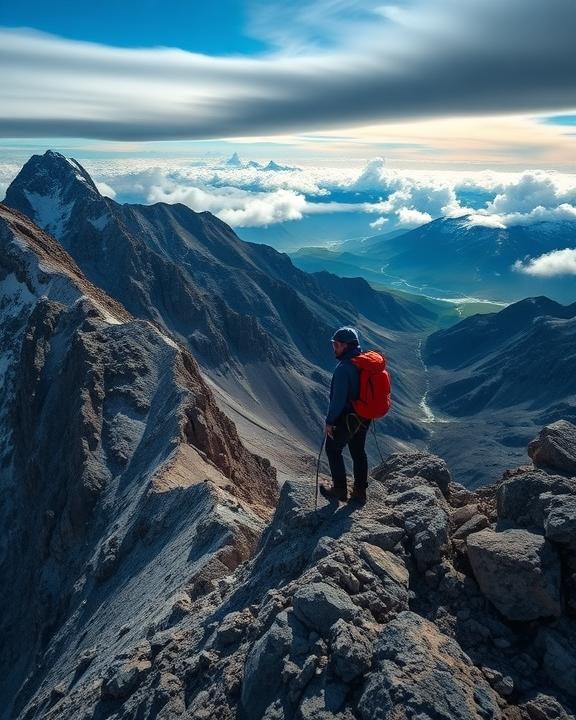 [IMMAGINE: Un paesaggio drammatico che mostra un alpinista in uno scenario di sport estremi, con un terreno aspro e un cielo mozzafiato, illustrando la natura intensa e le sfide degli sport estremi.]