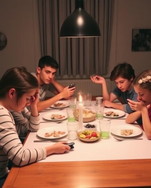 Young people at a dinner table are focused on their smartphones, illustrating the struggle of family dynamics and communication in the digital age.