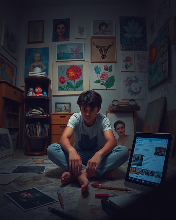 A young man sitting on the floor surrounded by artwork reflects on a tablet, symbolizing the pressure of social media on young artists.