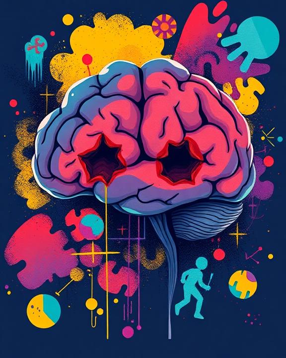 Immagine iconica di un cervello stilizzato con aree danneggiate, a simboleggiare l'impatto del trauma.