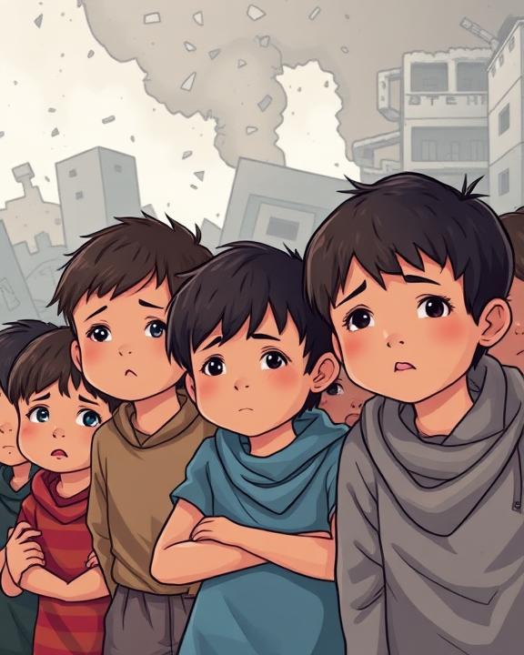 A group of children looking sad.