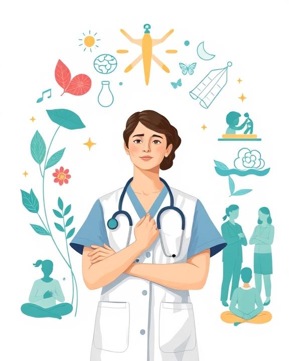 Illustrazione di una figura professionale sanitaria al centro di un cerchio di icone che rappresentano concetti di benessere mentale e fisico.