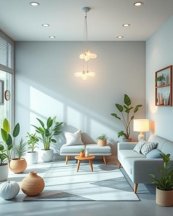 Un interno moderno e accogliente con piante in vaso, un divano e una poltrona, suggerendo un ambiente rilassante e propizio al benessere.