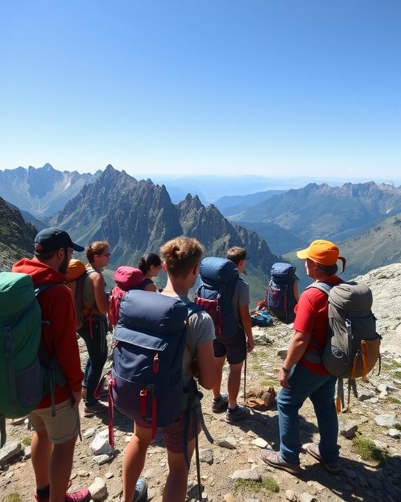 Group of hikers preparing for mountain hike in beautiful scenery