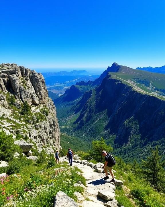 Scenic view of Monte Penna with hikers navigating rocky paths