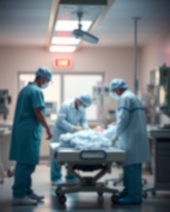 An abstract depiction of a hospital emergency room scene, showcasing medical professionals in action, attending to a patient.