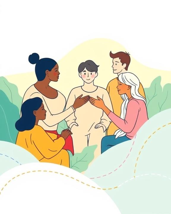 A diverse group of people showing support to each other, surrounded by nature.