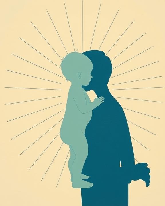 Two shades of blue, a person carrying a baby, with an aura around them.