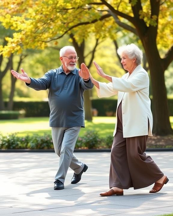 Two older people exercising outdoors