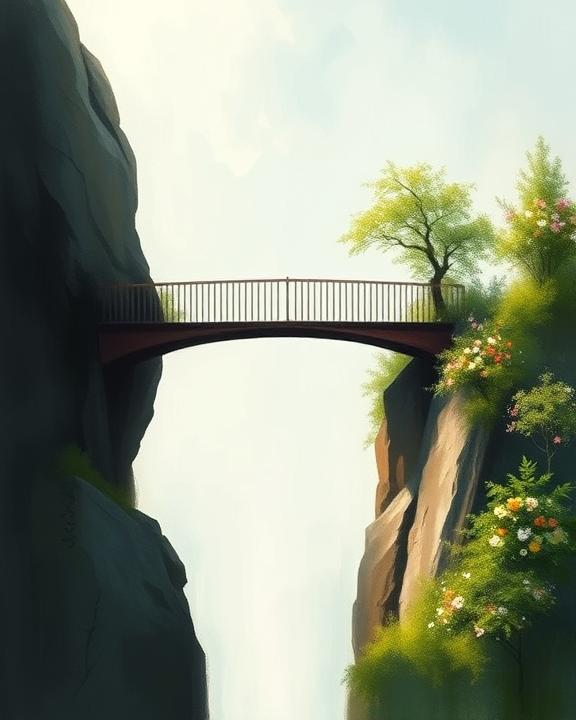 An abstract scene showing a symbolic bridge connecting two sides of a chasm, representing resilience and hope.