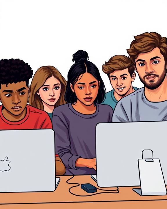 An artistic representation of a group of diverse young people sitting in front of their computers, deeply engaged in discussing emotional topics.