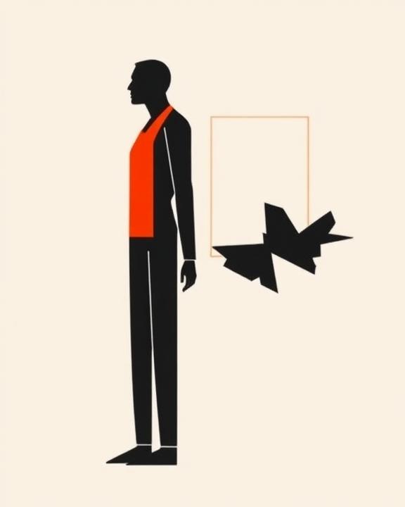 Visualizzare in uno stile iconico e ispirato all'arte neoplastica e costruttivista una figura umana stilizzata con linee verticali e orizzontali dominanti, che rappresenta il 'sopravvissuto'. Accanto a essa, una forma geometrica frastagliata e irregolare simboleggia l'evento traumatico o l'incidente.