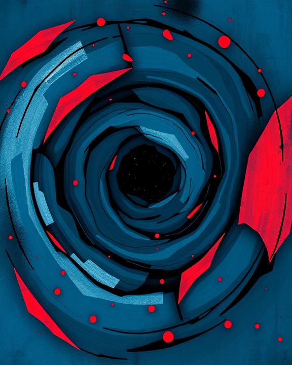 Illustrate an abstract representation of emotional turmoil, featuring deep blues and sharp red accents to symbolize pain and guilt. The composition should include spiral shapes and fragmented forms that convey a feeling of confusion and emotional struggle.