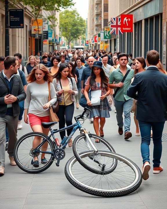 Persona in bicicletta a terra con persone che le passano davanti senza mostrare interesse.