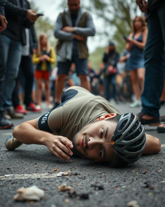 Un ciclista ferito a terra, con persone intorno che lo osservano senza intervenire.