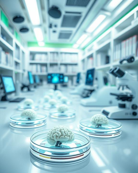 Organoids made of cells and microscopes are shown in the picture to study the brain functions