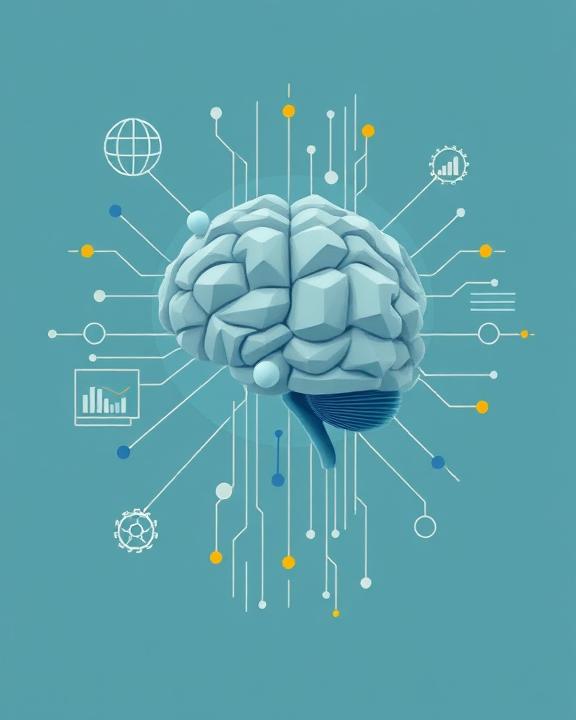 A brain with data analysis icons and global network signs coming out of it that is on a blue colored background