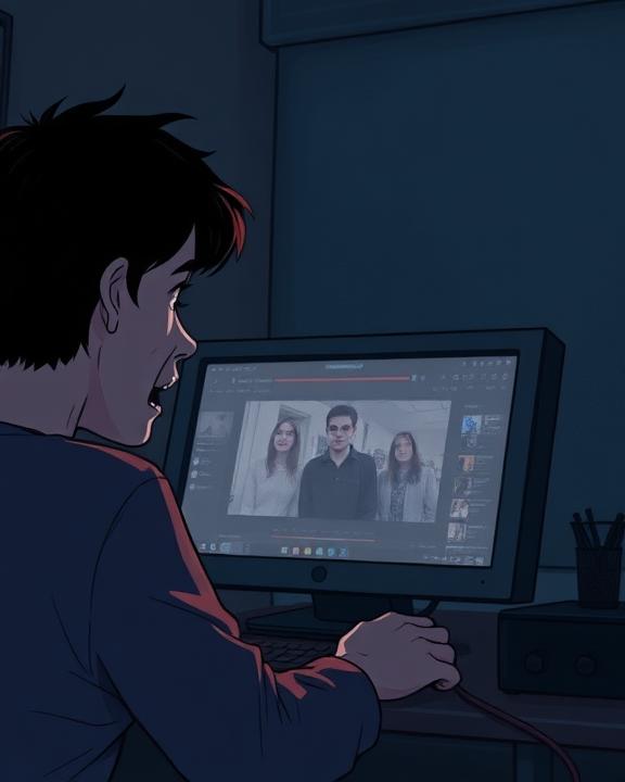 A somber illustration depicting a person watching a livestream on a computer screen, with an expression of shock and sadness.
