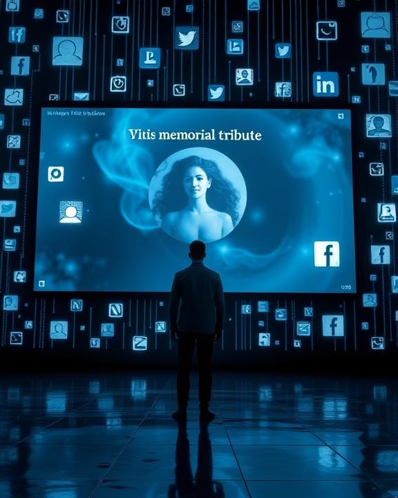 A conceptual art piece showing a symbolic representation of grief and loss in the digital age, featuring a figure standing in front of a large screen displaying a memorial tribute, surrounded by digital icons.
