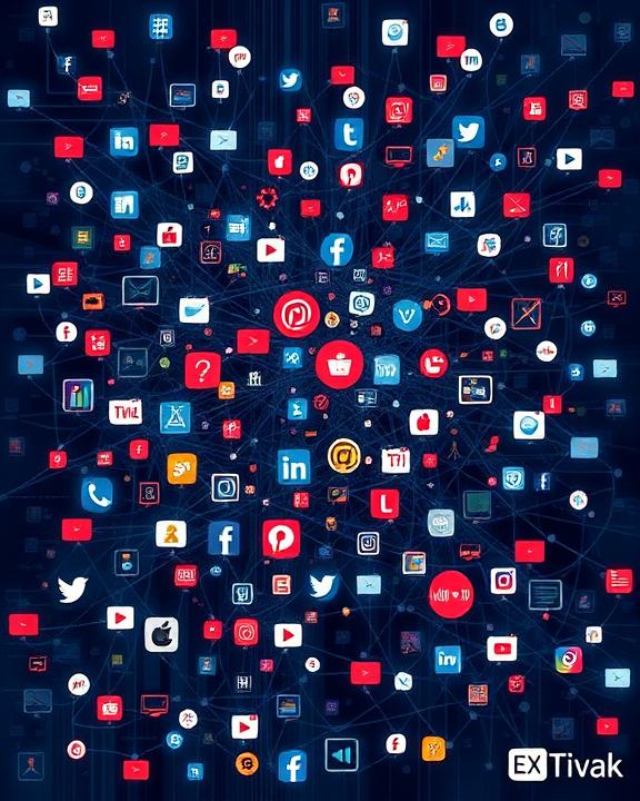 An abstract representation of the internet as a vast, tangled web filled with icons and symbols of social media and streaming platforms. The illustration evokes feelings of connectivity, yet highlights the darker side of online exposure to trauma.