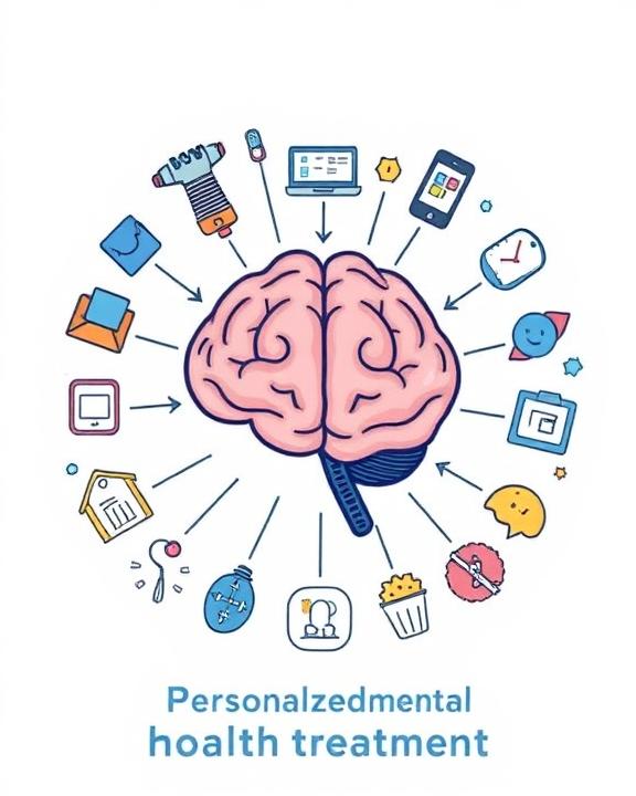 Brain surrounded by various digital tools like a laptop, smartphone, and other apps, indicating personalized mental health treatment