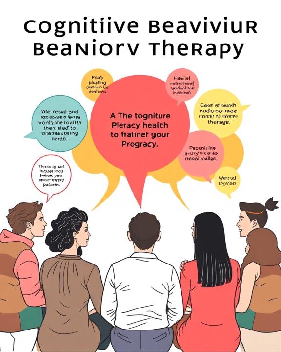 Cognitive Behavioral Therapy diagram with people sitting in a circle discussing