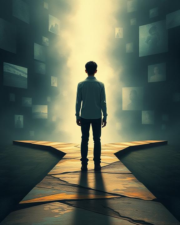 A surreal illustration depicting a person standing at a crossroads, representing choices in the aftermath of a traumatic event.