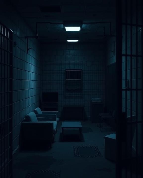 A dramatic and powerful representation of a prison cell, emphasizing the harsh and cramped conditions experienced by inmates, with dim lighting and minimalist furnishings.