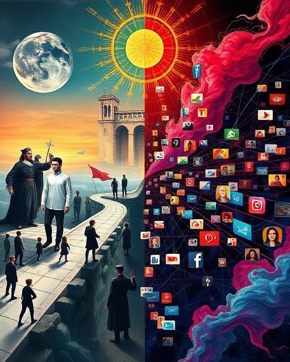 A symbolic representation of the evolution of patriarchy from the Counter-Reformation to the digital sphere.