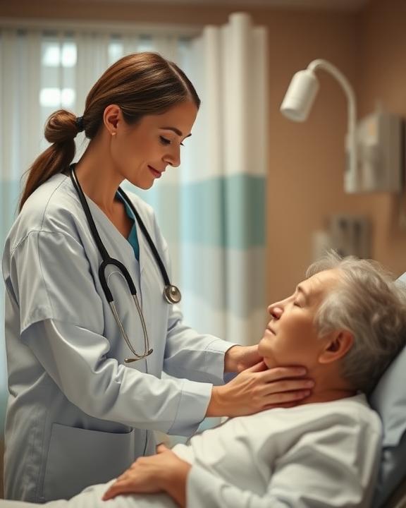 A serene and compassionate healthcare worker providing care to a patient, showcasing emotional support and empathy.