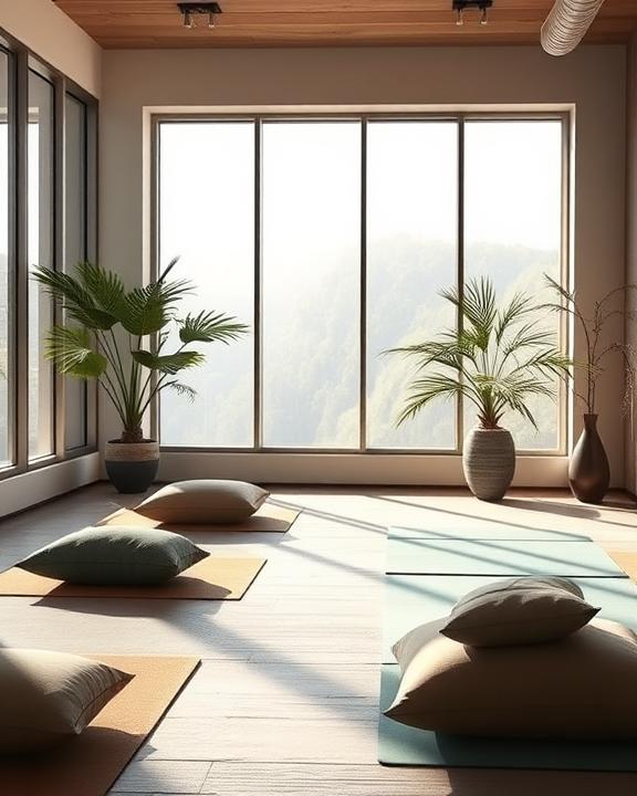 A peaceful and reflective space for mindfulness practice, showcasing mats and cushions in a calming atmosphere.